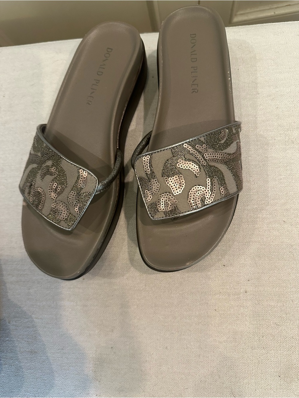 Donald J. Pliner Taupe Sequin Slide Sandals